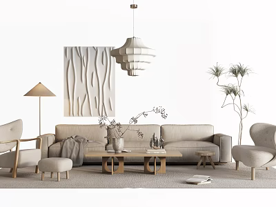 Modern Beige Sofa Coffee Table Set With Accent Chairs Floor Lamp Wall Art And Plants 3d model