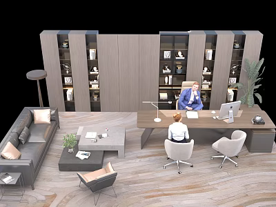 Modern Office Desk Workspace With Two People Working Computer Bookshelf Sofa And Plant 3d model