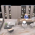 Modern Office Desk Workspace With Two People Working Computer Bookshelf Sofa And Plant