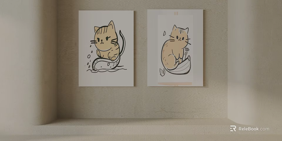 Cute Cat Illustrations With Water Drops On Wall Art 3d model