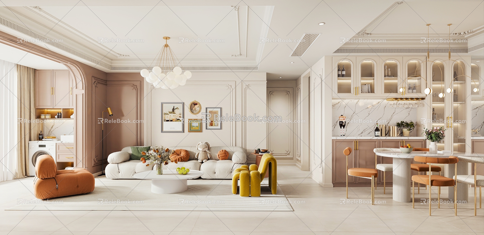 French Guest Restaurant Cream Living Room 3d model