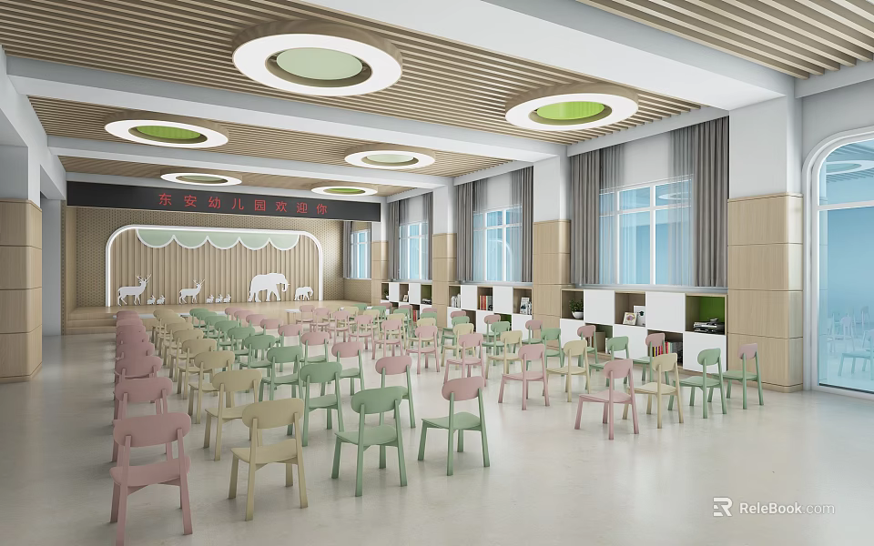 Kindergarten Classroom Interior With Colorful Chairs Wooden Ceiling Round Lights And Large Windows 3d model 