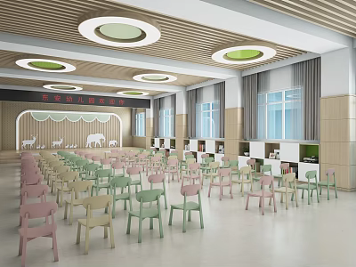 Kindergarten Classroom Interior With Colorful Chairs Wooden Ceiling Round Lights And Large Windows 3d model