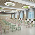 Kindergarten Classroom Interior With Colorful Chairs Wooden Ceiling Round Lights And Large Windows