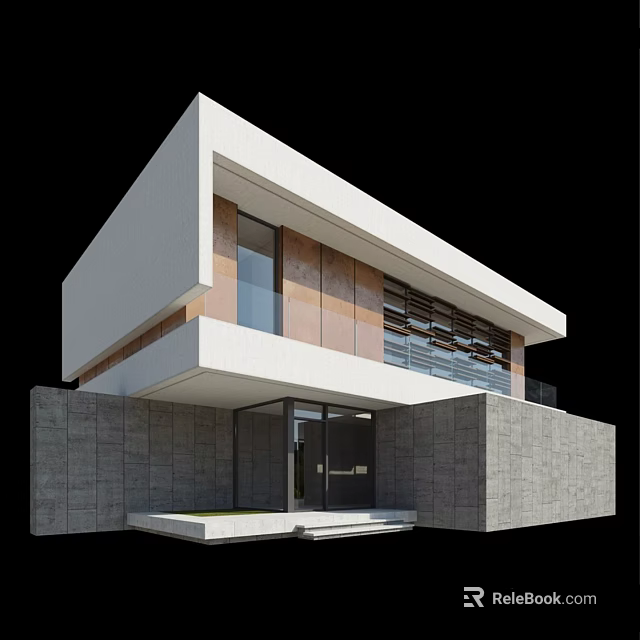 Modern Detached Villa Exterior With White Facade Brown Panels Gray Stone Walls And Large Windows 3d model 