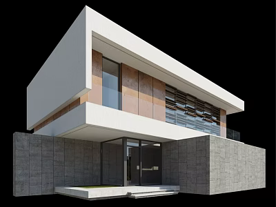 Modern Detached Villa Exterior With White Facade Brown Panels Gray Stone Walls And Large Windows 3d model
