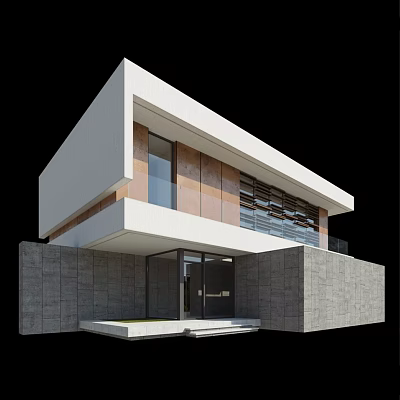 Modern Detached Villa Exterior With White Facade Brown Panels Gray Stone Walls And Large Windows 3d model