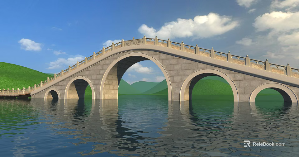 Stone Arch Bridge Spanning Water With Blue Sky White Clouds And Green Mountains Reflection 3d model 