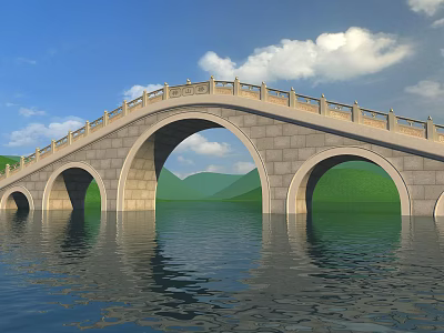 Stone Arch Bridge Spanning Water With Blue Sky White Clouds And Green Mountains Reflection 3d model