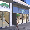 Modern Commercial Street With Multi Story Building Storefronts And Pedestrians Walking