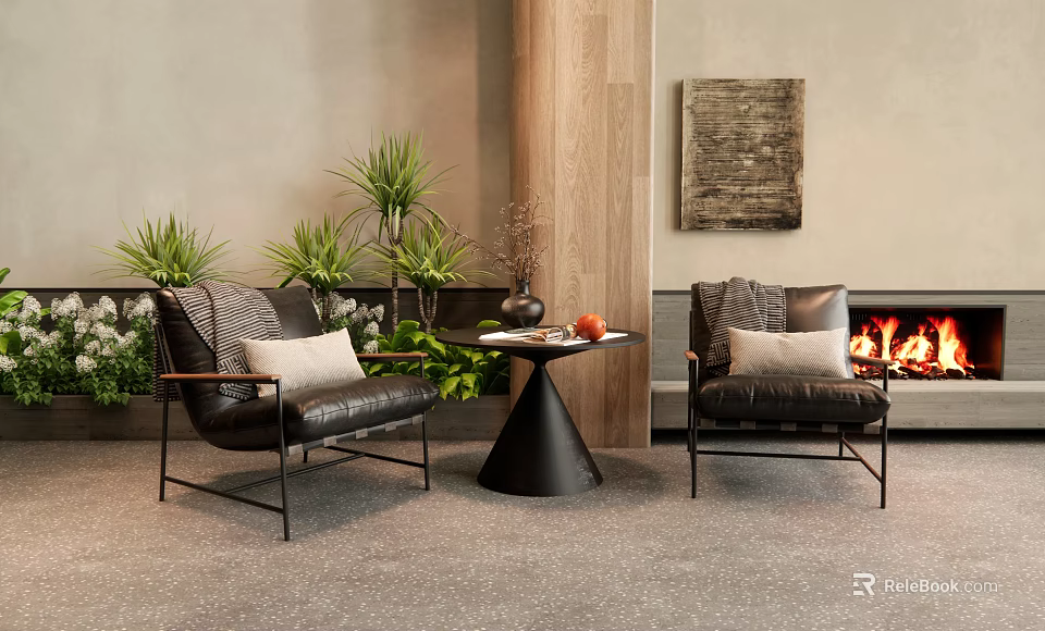 Modern Chair And Table Set With Cushions Round Side Table Green Plants Fireplace Wall Art 3d model 