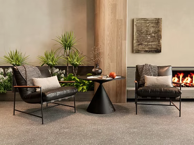Modern Chair And Table Set With Cushions Round Side Table Green Plants Fireplace Wall Art 3d model