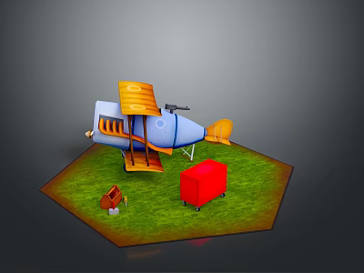 Toy Blue And Yellow Biplane On Green Grass With Red Box And Brown Object 3d model