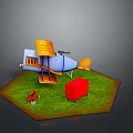 Toy Blue And Yellow Biplane On Green Grass With Red Box And Brown Object