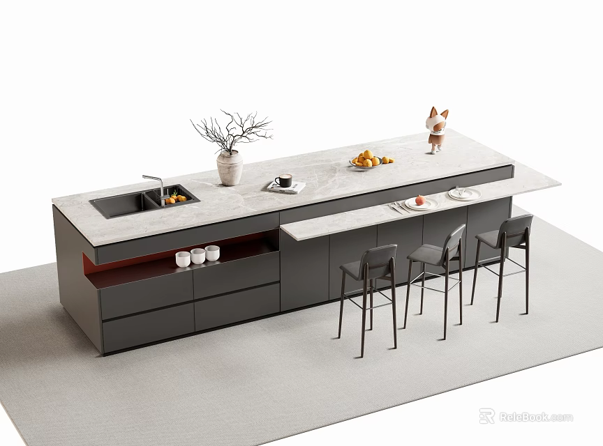 Modern Bar Counter With Gray Cabinets White Countertop Vase Fruits Cups And Bar Stools 3d model 