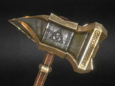 Ornate Medieval Battle Axe with Engraved Symbols on Metal Head and Wooden Handle Gold Trim 3d model