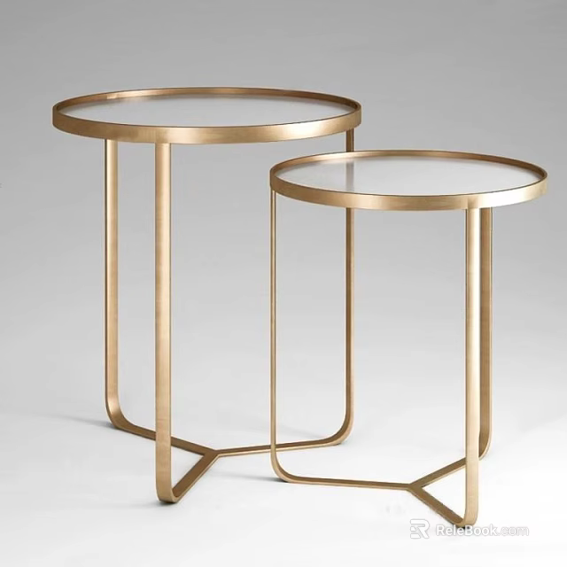 Pair of Modern Round Side Tables With Golden Metal Frame And Glass Top 3d model 