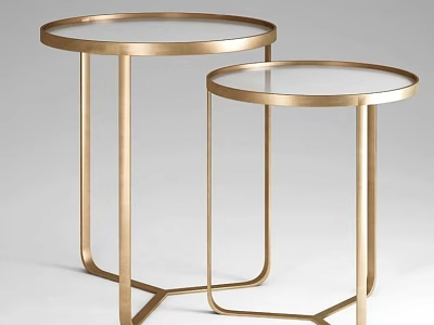 Pair of Modern Round Side Tables With Golden Metal Frame And Glass Top 3d model