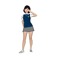 Woman Wearing Blue Top And Grey Pleated Skirt With White Shoes Hand On Head