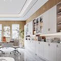 Modern Office Interior Design With Wooden Walls White Cabinets Workstations And Green Plants
