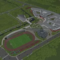 Modern School Campus Building With Unique Roof Design Stadium And Green Landscaping