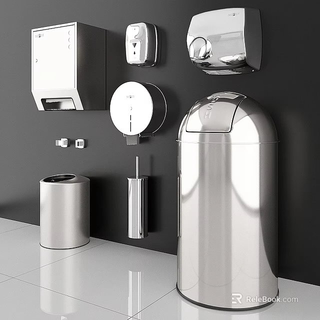 Modern Stainless Steel Washing Daily Supplies With Wall Mounted Tissue Holder And Trash Can 3d model 