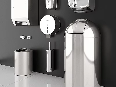 Modern Stainless Steel Washing Daily Supplies With Wall Mounted Tissue Holder And Trash Can 3d model