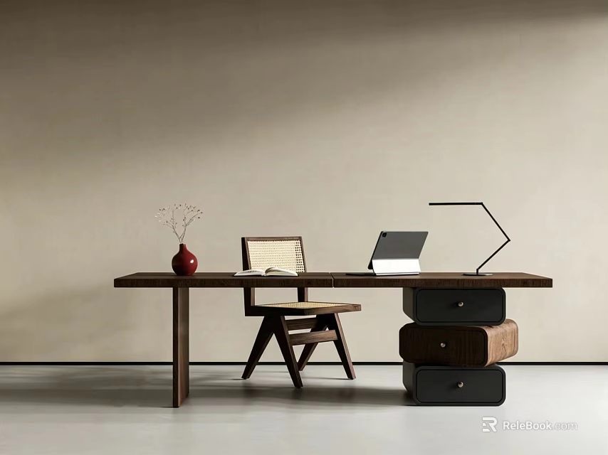 Modern Wooden Table and Chair Set with Red Vase Laptop Lamp and Storage Boxes 3d model 