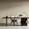 Modern Wooden Table and Chair Set with Red Vase Laptop Lamp and Storage Boxes