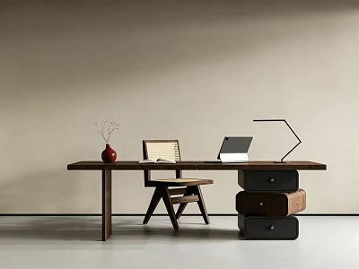 Modern Wooden Table and Chair Set with Red Vase Laptop Lamp and Storage Boxes 3d model