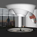 Hotel Public Lounge With Large Windows City Views Circular Seating Red Sculptures And Sculptural Chandelier