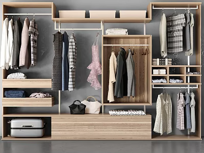 Modern Wardrobe Storage System With Hanging Clothes Shelves Drawers And Suitcase 3d model