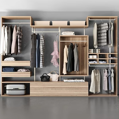 Modern Wardrobe Storage System With Hanging Clothes Shelves Drawers And Suitcase 3d model