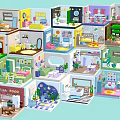 Colorful Cartoon Room Scenes With Miniature Furniture And Decorative Interior Designs
