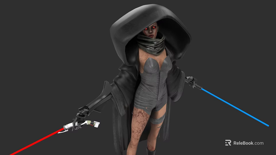 Hooded Game And Movie Character With Fitted Suit Scars And Dual Lightsabers 3d model 