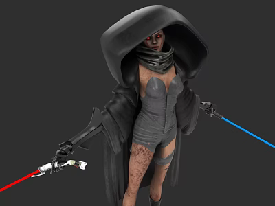 Hooded Game And Movie Character With Fitted Suit Scars And Dual Lightsabers 3d model