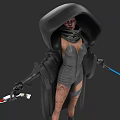 Hooded Game And Movie Character With Fitted Suit Scars And Dual Lightsabers 3d model