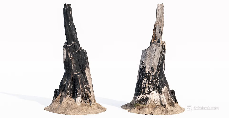 Natural Weathered Wooden Stumps With Stone Base And Rustic Texture Details 3d model 