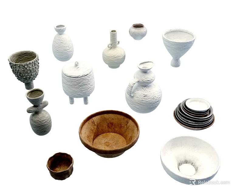 Various Ceramic Wares Including Vases Bowls Plates With Textured Surfaces And Neutral Tones 3d model 