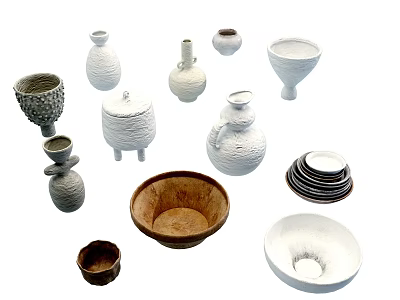 Various Ceramic Wares Including Vases Bowls Plates With Textured Surfaces And Neutral Tones 3d model