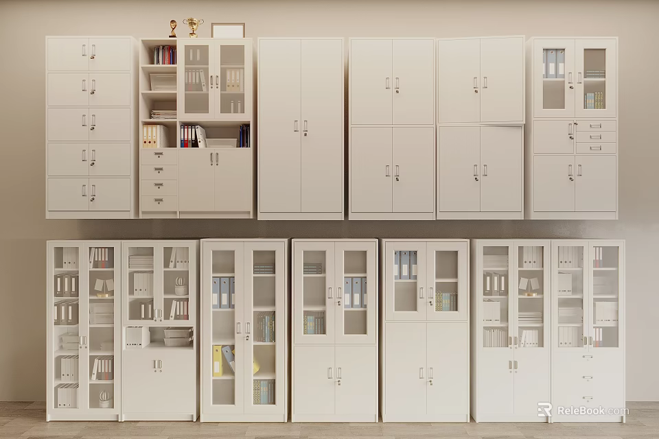 White Storage Cabinets And Bookcases With Various Styles Doors Glass Doors And Books Inside 3d model 