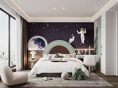 Cozy Starry Kids Room Interior With Astronaut Decor Bed And Soft Rug 3d model