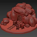 Snow Covered Stone Structure Model With Wooden Door Rail Tracks And Carts