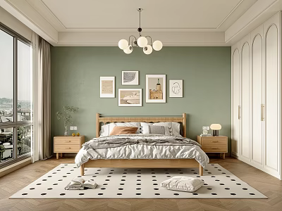 Elegant Bedroom Interior With Green Walls Wooden Bed Frame Paintings White Wardrobes And Dotted Rug 3d model