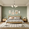 Elegant Bedroom Interior With Green Walls Wooden Bed Frame Paintings White Wardrobes And Dotted Rug