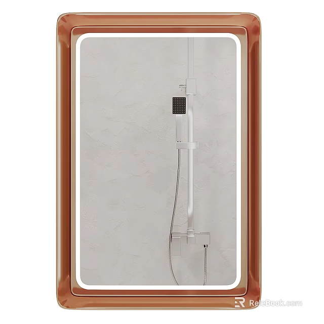 Modern Mirror with Brown Frame Against Light Textured Wall Background 3d model 