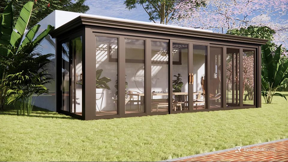 Modern Villa Balcony Design With Glass Doors Outdoor Seating And Green Lawn 3d model 