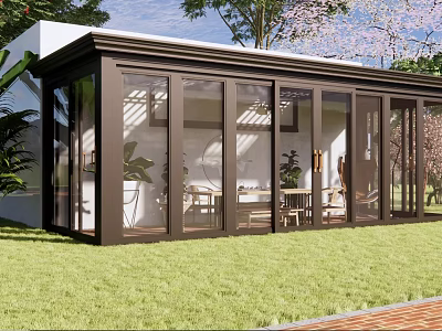 Modern Villa Balcony Design With Glass Doors Outdoor Seating And Green Lawn 3d model