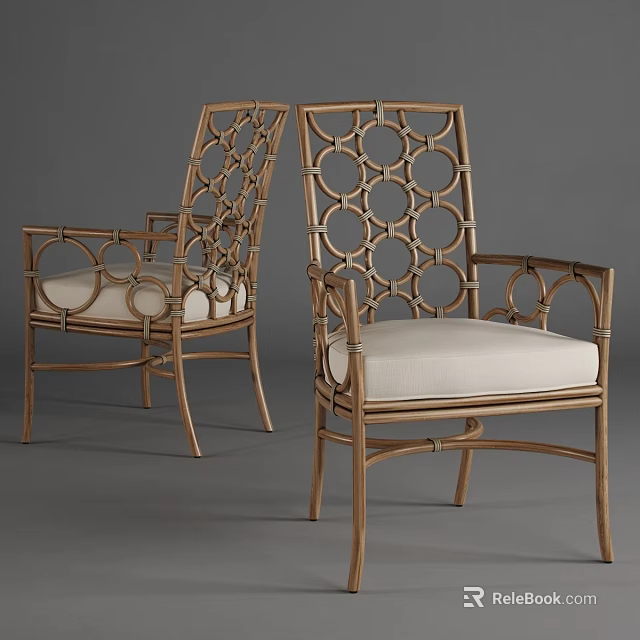 Rattan Armchair With Gold Metal Frame White Cushion And Openwork Back Design 3d model 