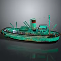 Vintage Green Wooden Boat With Chimney Cabin Metal Masts And Rusty Hull